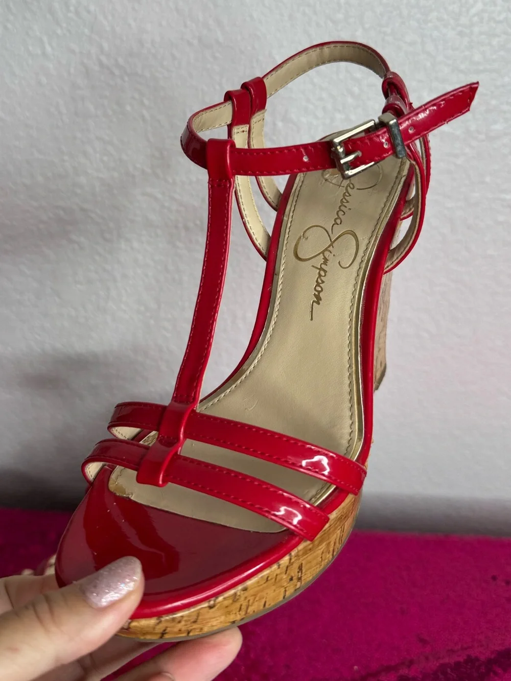 2/for $20 🪩 JESSICA SIMPSON Red Patent T-Strap Cork Wedge Sandals (Women’s 6)